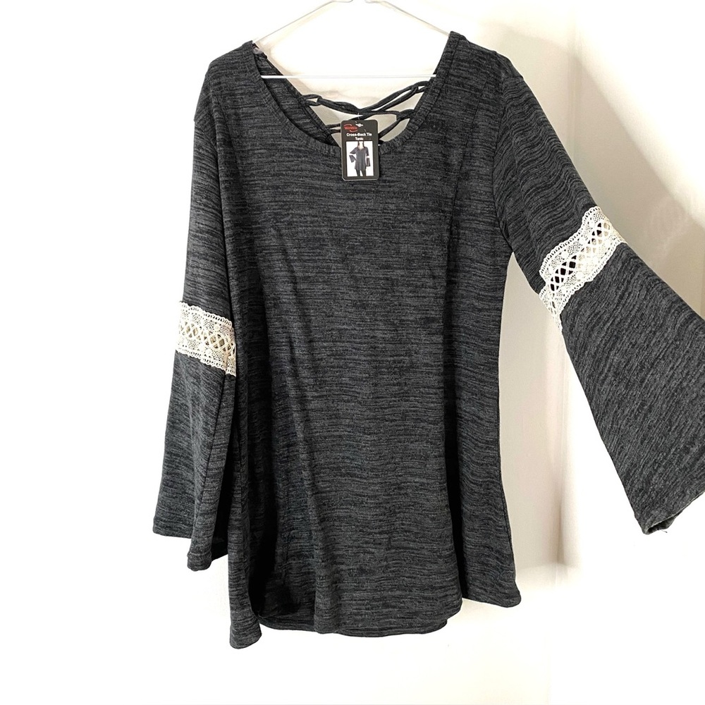 Heather Grey Cross Back Tie Tunic NWT Crochet Lace Flare Sleeve Win Win